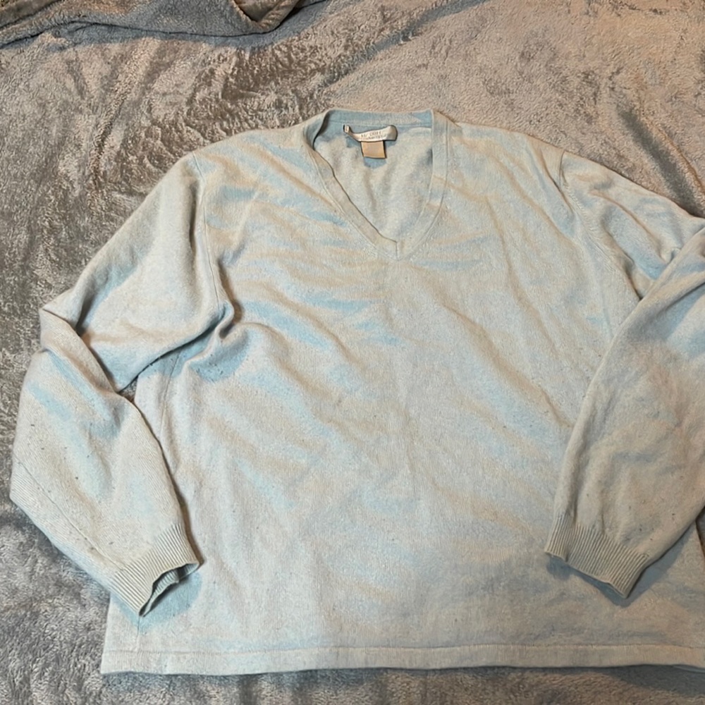 McDuff 100% Cashmere Cable Shawl Collar Vneck Pullover Blueish Gray Sweater SZ L